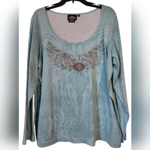 Vintage 2007 Harley Davidson Long Sleeve Top Wings Paisley Tribal EUC